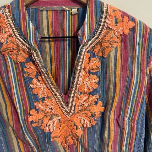 Soft Surroundings Pink Blue Striped Cotton Beaded Tunic Top Medium - Picture 11 of 13